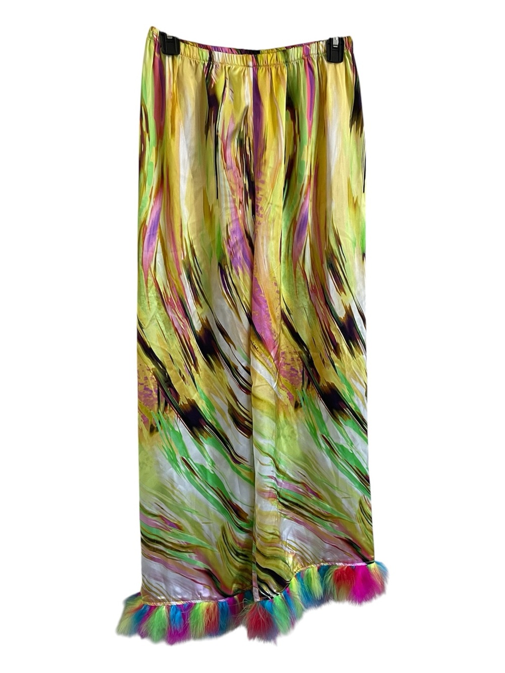 Lyfecycle Fashion Abstract 100% Italian Silk Wide Leg Pants Rainbow Fluffy Trim